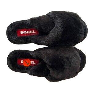 Sorel Slippers sz 7 NEW Black Lounge Cozy Fuzzy Fur Fluffy Slip On Go Mail Run